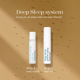 Two white cylindrical cosmetic bottles labeled 'stress check roll-on thisworks' and 'deep sleep pillow spray thisworks' on a warm tan textured background with water droplets and the text 'Deep Sleep system'.