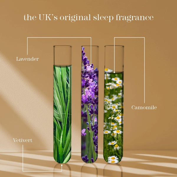 Three clear glass test tubes filled with botanical imagery labeled Lavender, Camomile, and Vetivert, arranged on a warm beige background with text reading 'the UK's original sleep fragrance'.