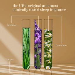 Three clear glass test tubes filled with botanical imagery labeled Lavender, Camomile, and Vetivert, arranged on a warm beige background with text reading 'the UK's original sleep fragrance'.