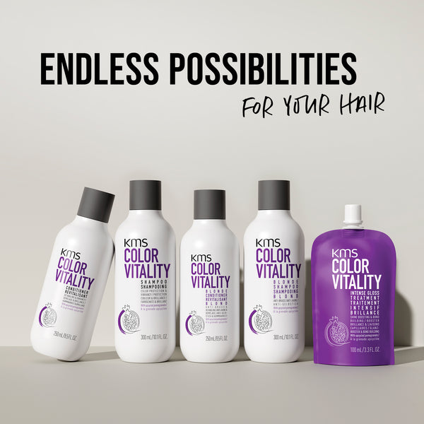 KMS Color Vitality hair care products on a gray background with text 'Endless Possibilities For Your Hair'.