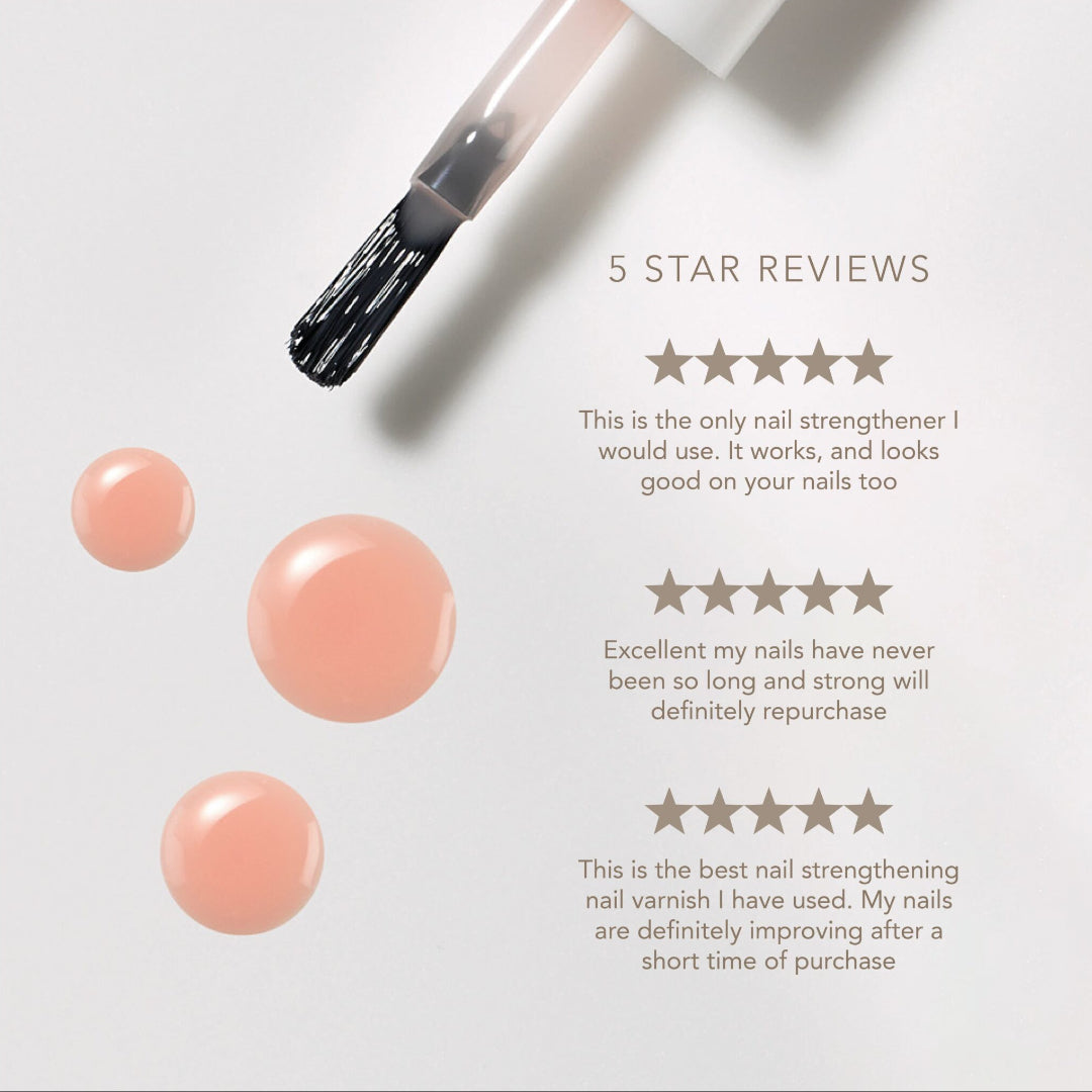Nail strengthening product with brush and nail samples on a white background, featuring five-star reviews.