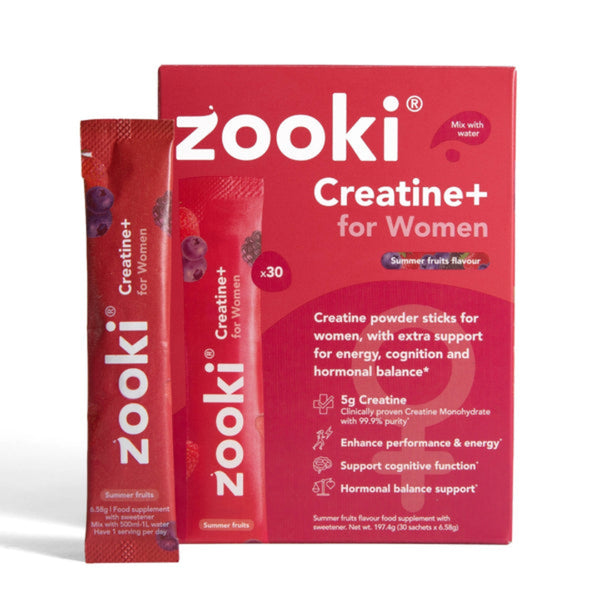 Zooki Creatine+ for Women supplement package with red packaging on a white background