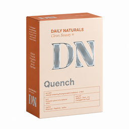 A box of Daily Naturals Quench hair care product, featuring a peach and brown color scheme with large metallic silver 'DN' lettering on the front.