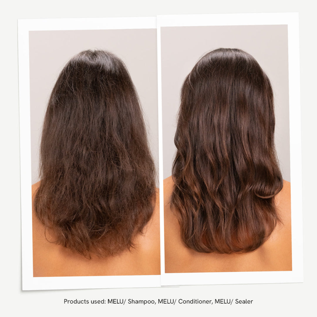 Before and after comparison of hair with MELU products on a plain background
