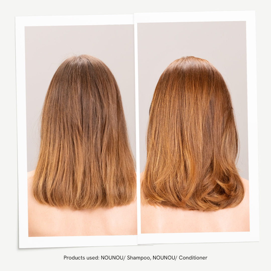 Before and after comparison of hair with NOUNOU Shampoo and Conditioner on a neutral background.