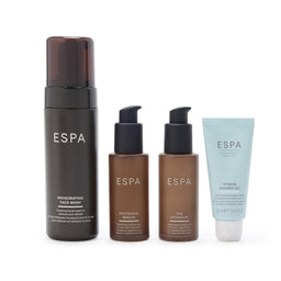 ESP® skincare products including a face wash, post-shave balm, hydrator, and shower gel on a white background.