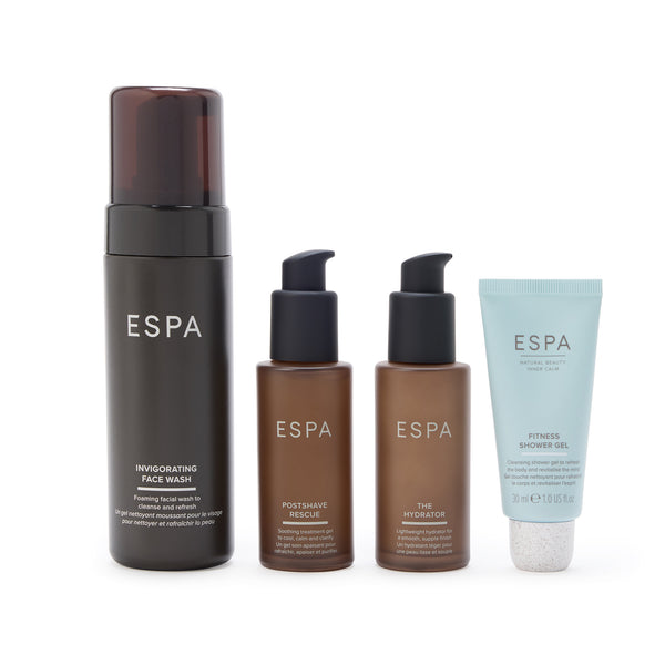 ESP® skincare products including a face wash, post-shave balm, hydrator, and shower gel on a white background.