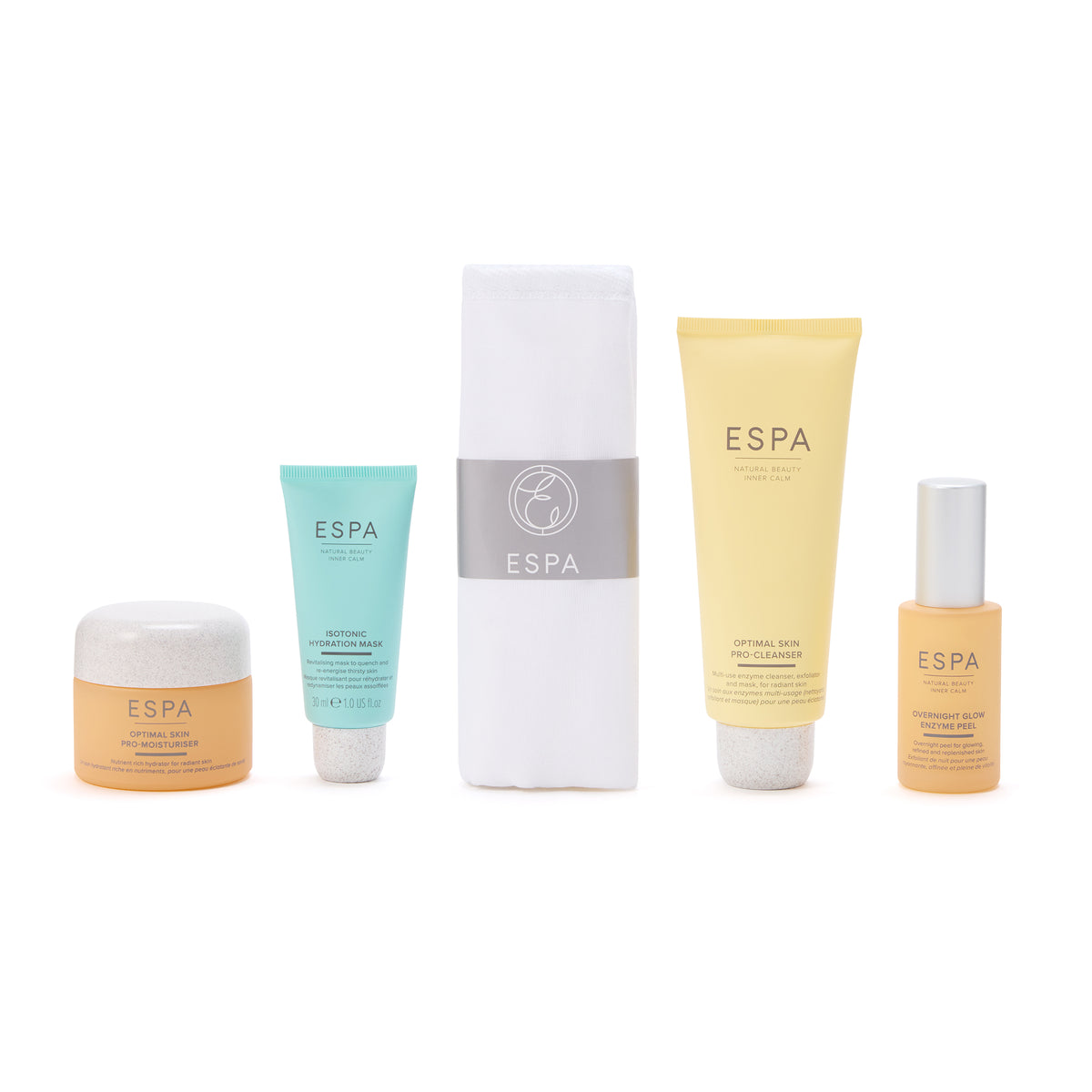 Set of ESPA skincare products on a white background