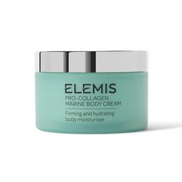Elemis Pro-Collagen Marine Body Cream in a mint green jar with a reflective silver lid, shown on a clean white background.