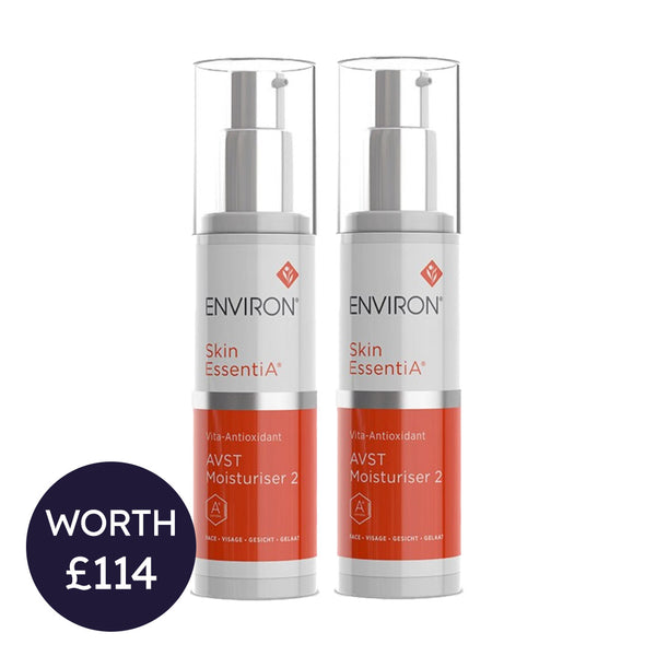 Two skincare bottles labeled 'Environ' on a white background with a price tag.