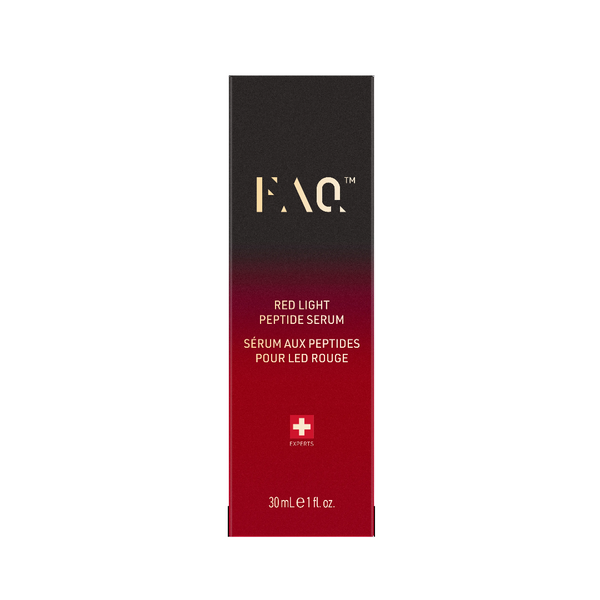 FAQ Red Light Peptide Serum box, featuring a black-to-red gradient design with gold and white text, on a clean white background.