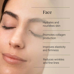 Close-up of a woman's face with text highlighting skincare benefits.