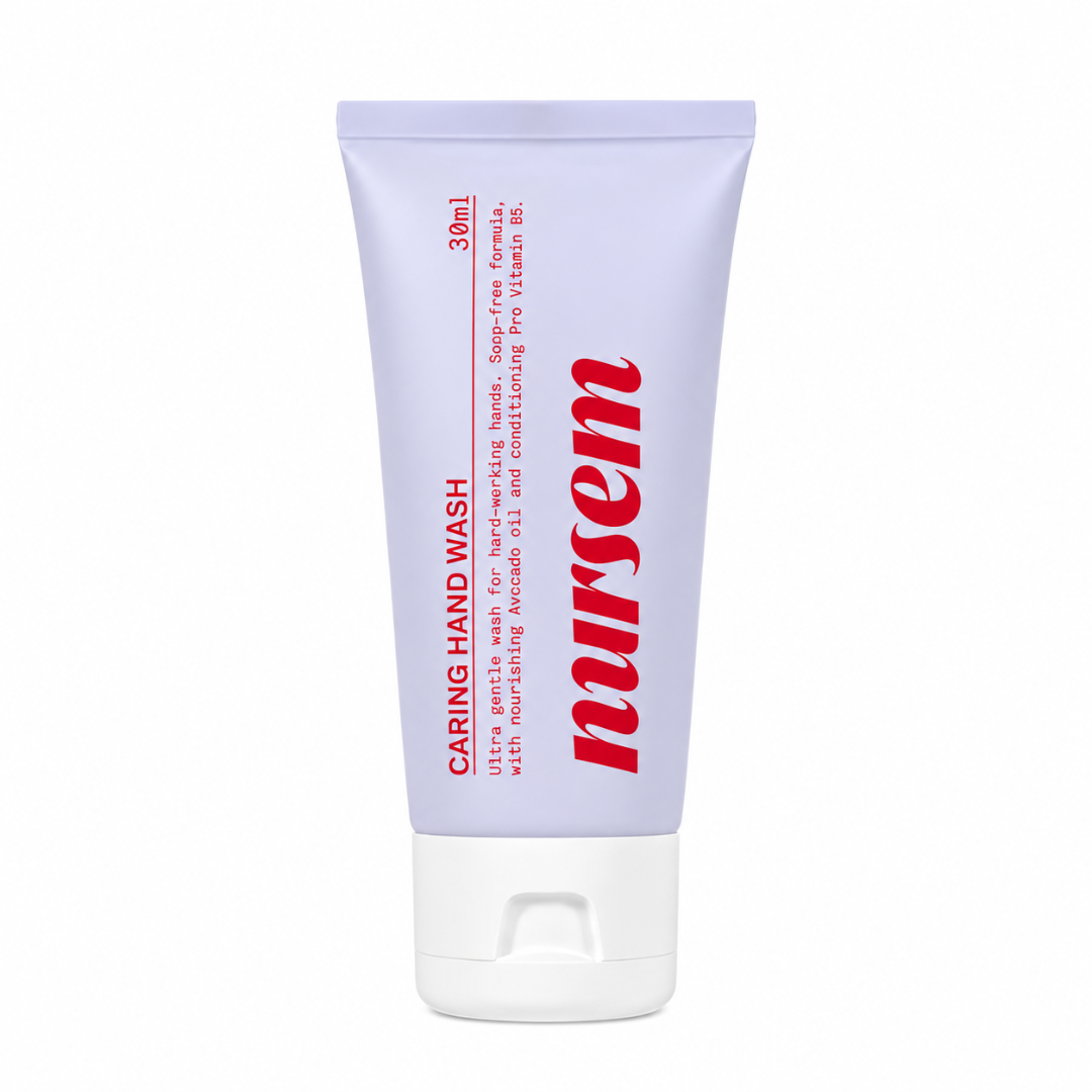 A 30ml squeeze tube of 'nursem' Caring Hand Wash, featuring a light lavender-purple body with red text and a white cap, set against a plain white background.