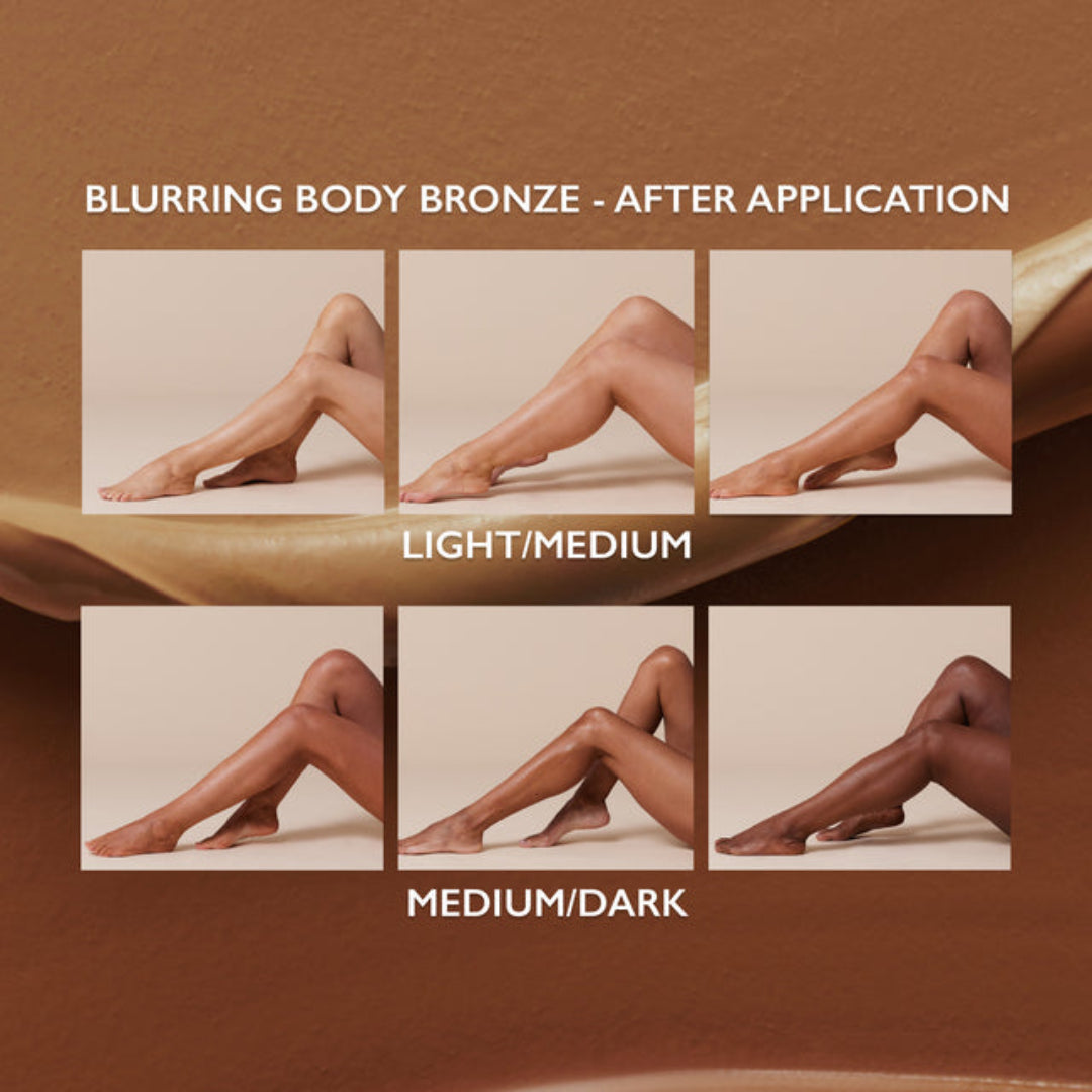 Three panels show a model's legs and feet before and after applying a body bronzing product, with text reading 'BLURRING BODY BRONZE - AFTER APPLICATION' and shade labels 'LIGHT/MEDIUM' and 'MEDIUM/DARK' on a warm brown background.