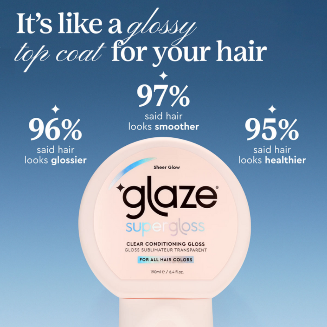 Sheer Glow Glaze Super Gloss packaging with customer feedback on a blue background