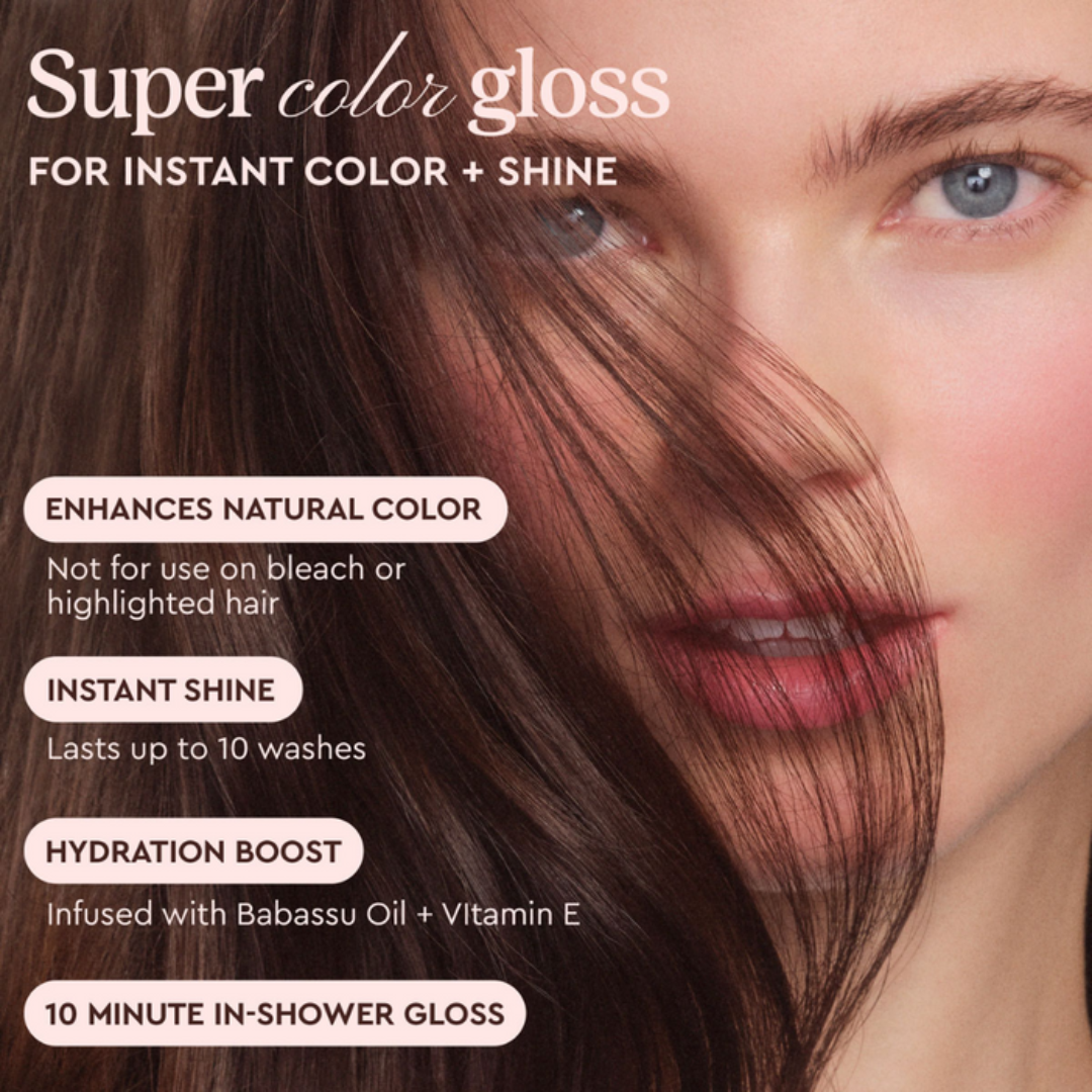 Advertisement for Super color gloss with a woman's face and hair, highlighting product features.