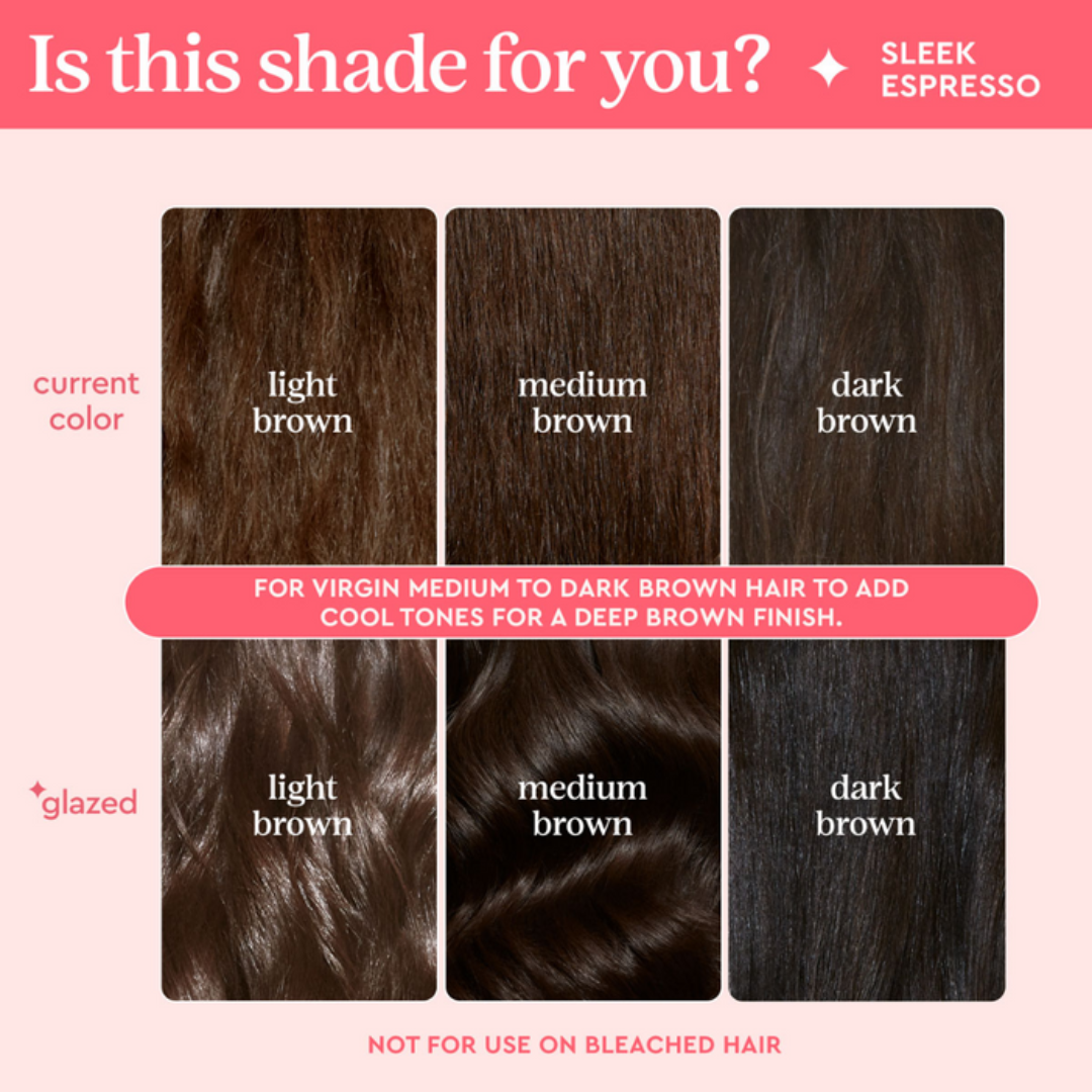 Hair color chart comparing light, medium, and dark brown shades with a pink background.