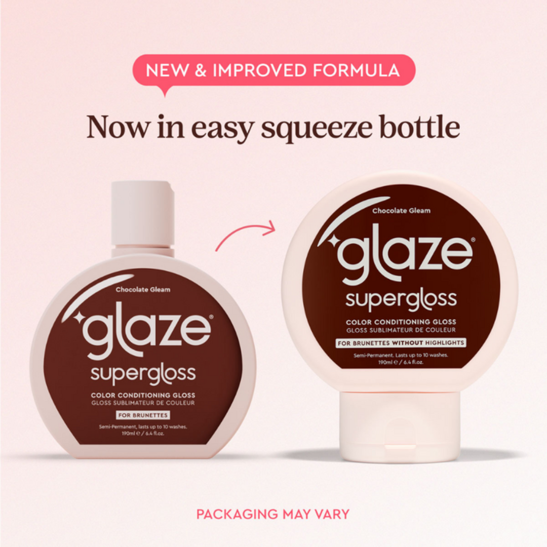 Two bottles of Glaze Supergloss with text about a new formula and easy squeeze bottle.