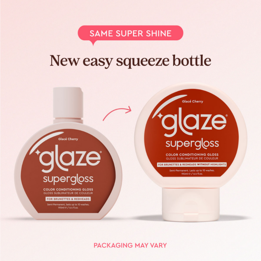 Two bottles of Glaze Supergloss with a pink background and text about the new easy squeeze bottle.
