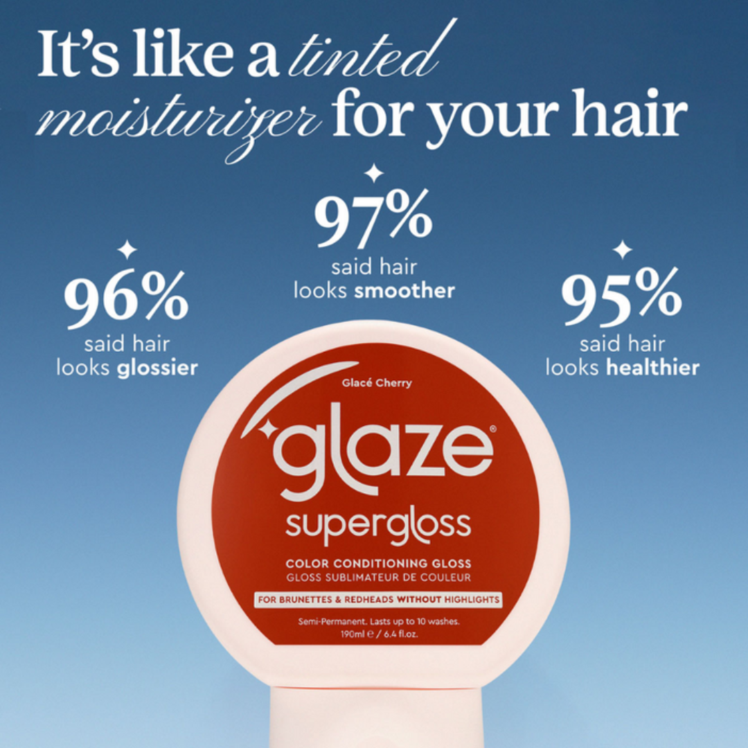 Glaze supergloss hair product with customer satisfaction statistics on a blue background