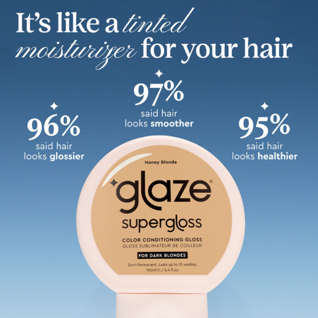Glaze supergloss hair product with blue background and text about hair health benefits
