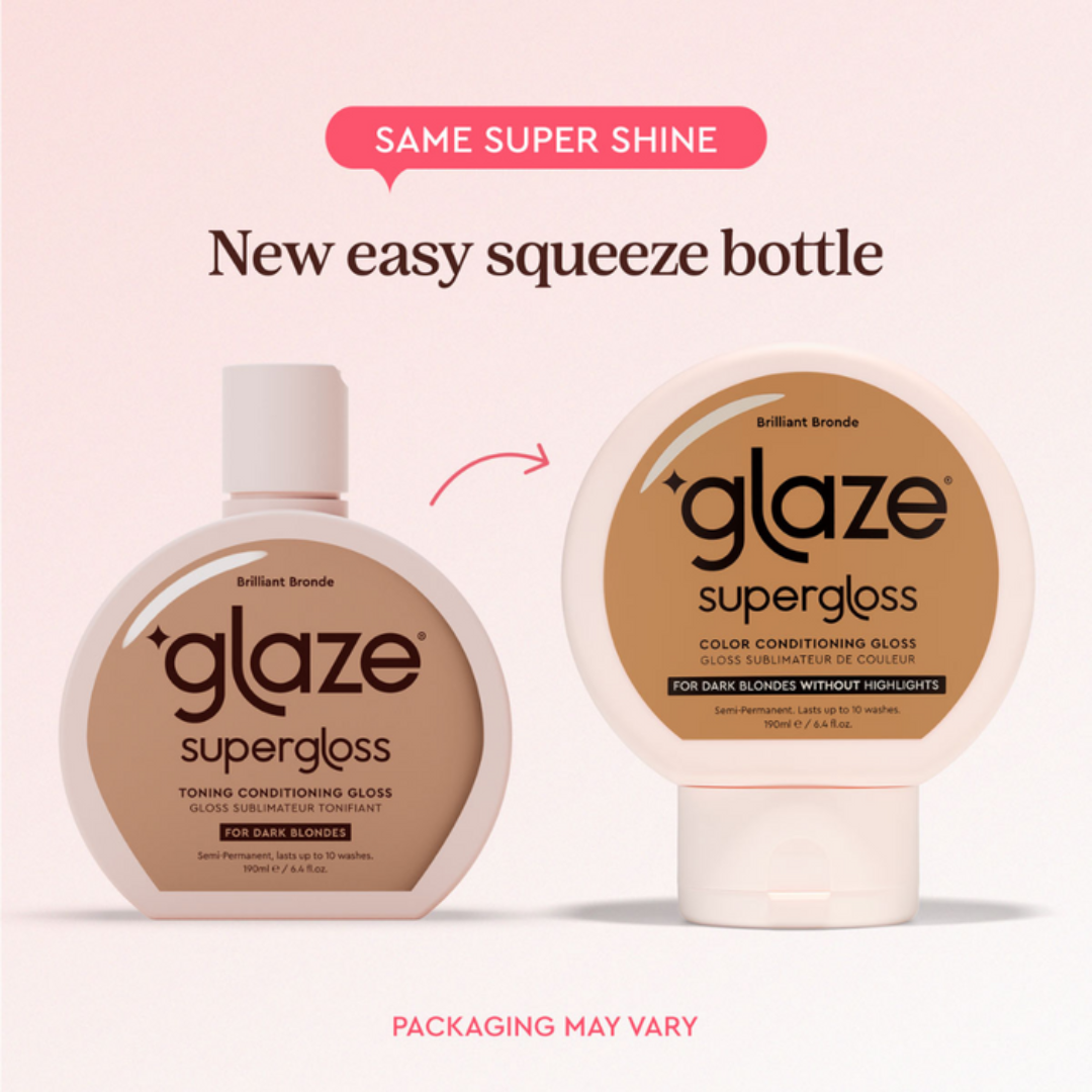 Two bottles of 'glaze supergloss' with text about a new easy squeeze bottle design.