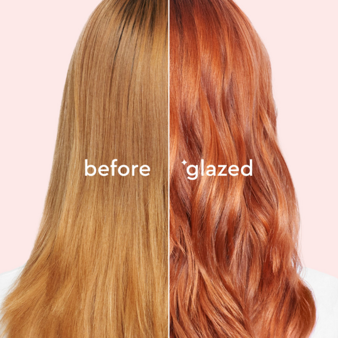 Comparison of hair color before and after a treatment labeled 'glazed' on a pink background.