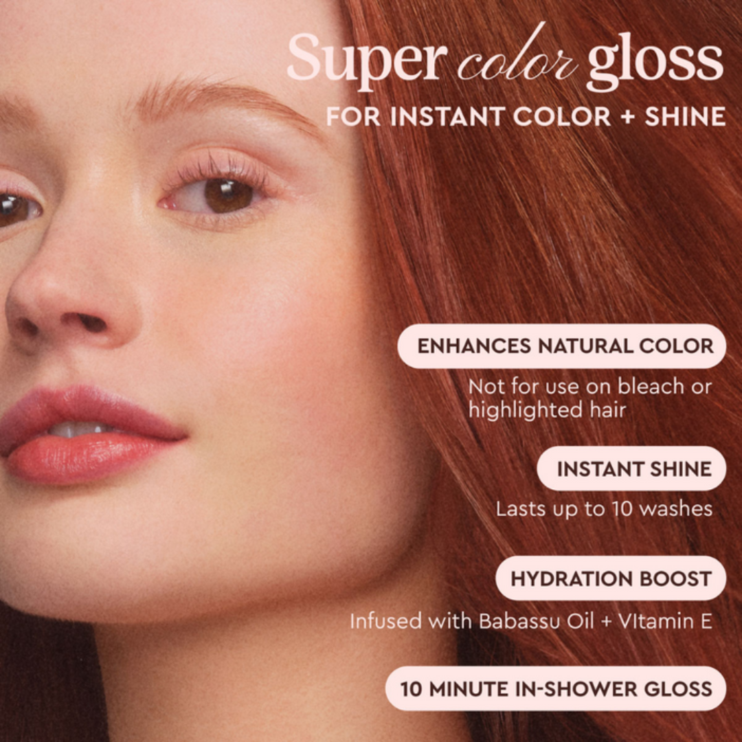 Advertisement for Super Color Gloss hair product with a woman's face and red hair.