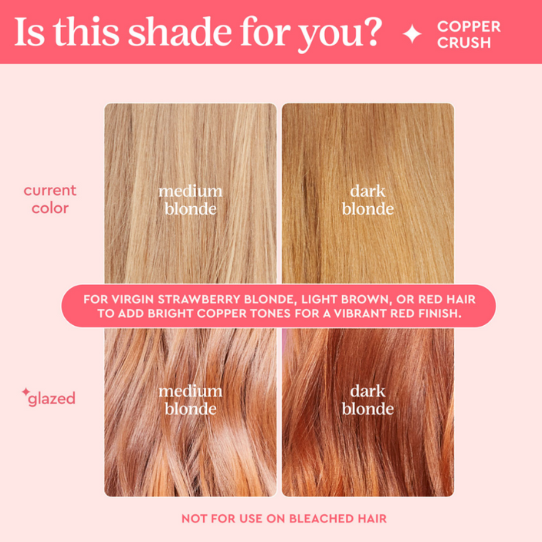 Hair color chart comparing current color, medium blonde, dark blonde, and additional hair color options on a pink background.