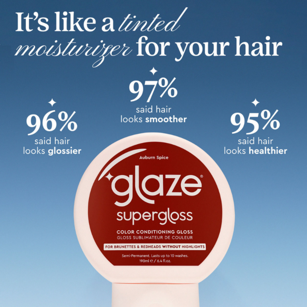 Glaze supergloss hair product with customer satisfaction statistics on a blue background