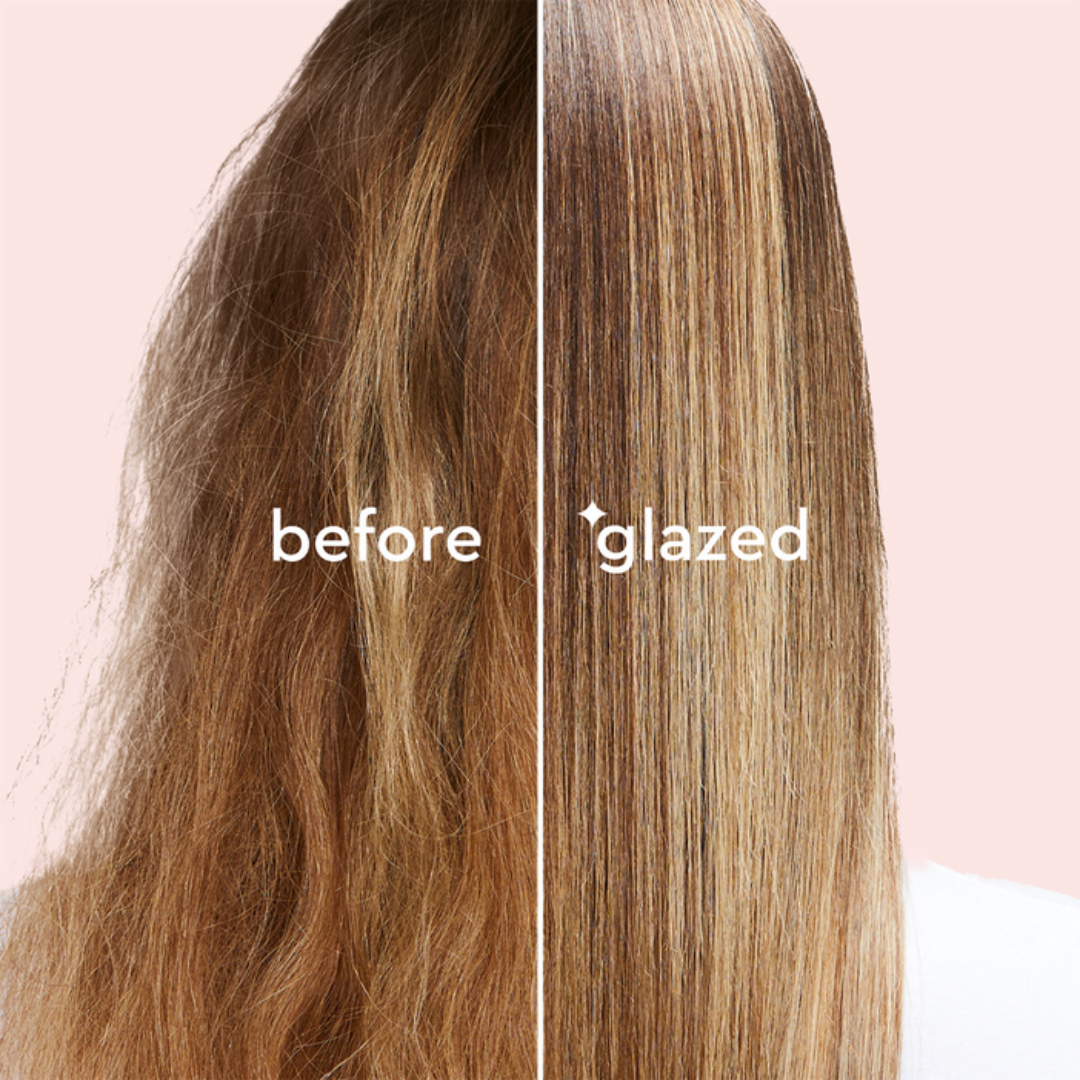 Comparison of wavy hair labeled 'before' and straightened hair labeled 'glazed' on a pink background.