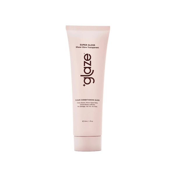 Tube of 'glaze' clear conditioning gloss on a light pink background