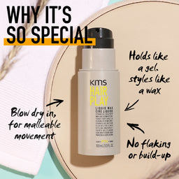 KMS Hair Play liquid wax bottle with text highlighting its features on a light background