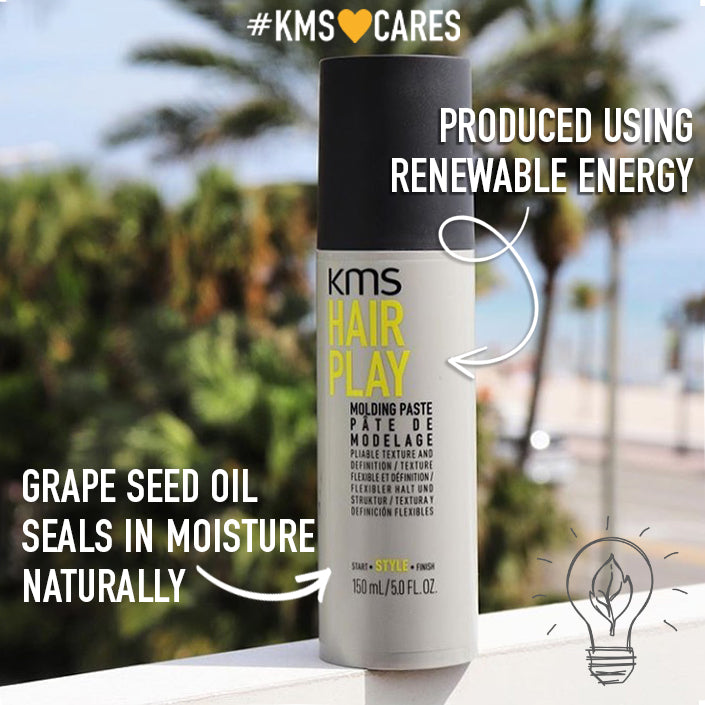 KMS Hair Play product with outdoor background and renewable energy text