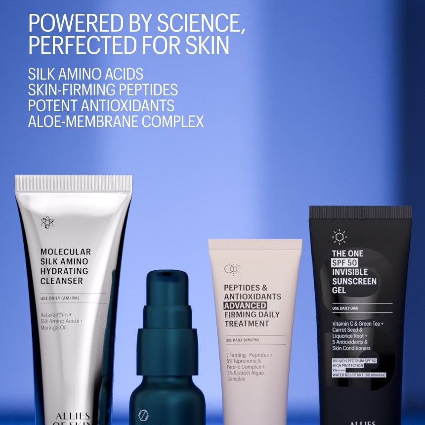 Set of skincare products with text highlighting ingredients on a blue background