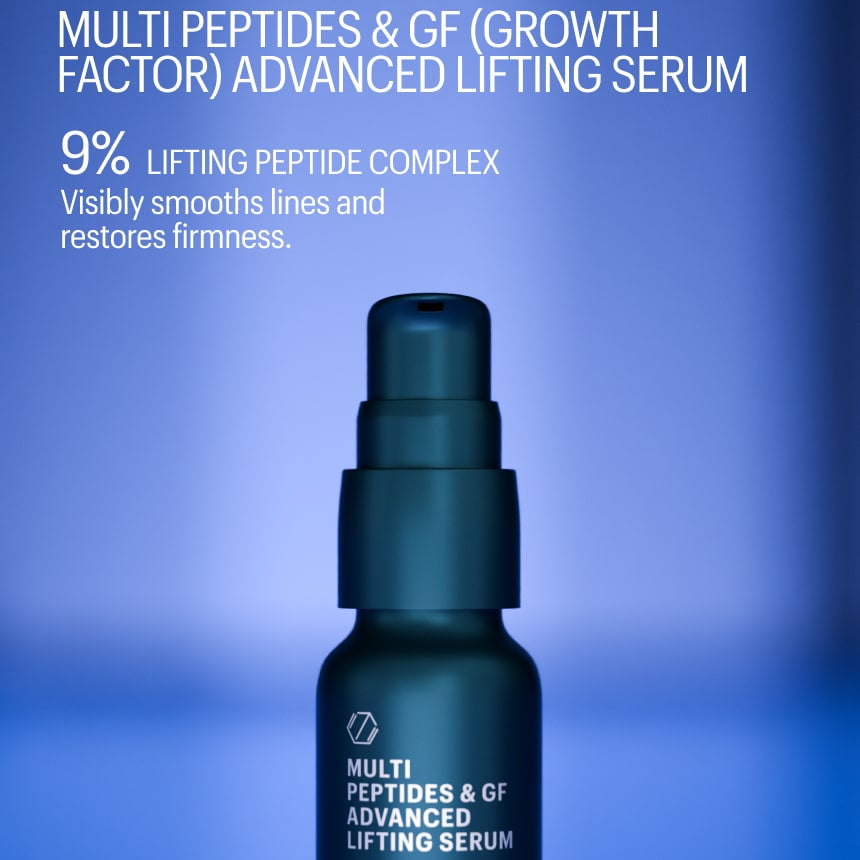 Bottle of Allies of Skin Multi Peptides & GF Advanced Lifting Serum on a blue background