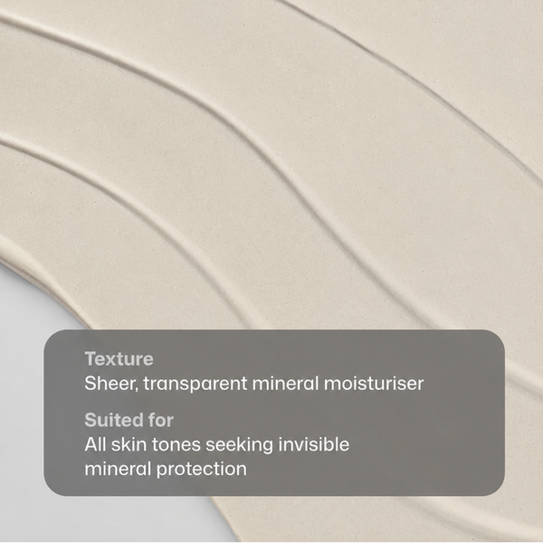 A close-up of a cream-colored mineral moisturizer swatch with wavy texture lines and a dark gray text box describing its sheer, transparent texture and suitability for all skin tones.