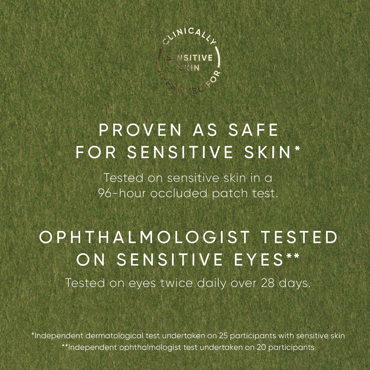 Text on a green background about product safety for sensitive skin and eyes.