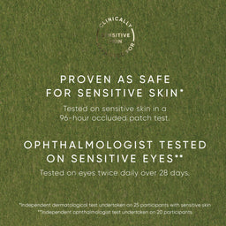 Text on a green background about product safety for sensitive skin and eyes.
