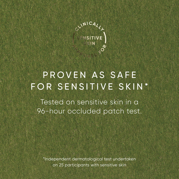 Green background with text about proven safety for sensitive skin