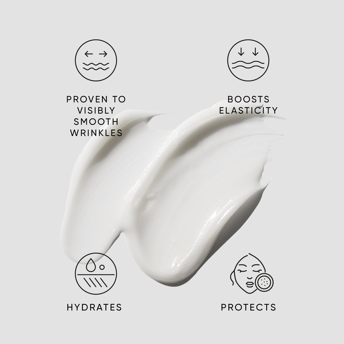 Skincare product with text indicating its benefits on a light gray background