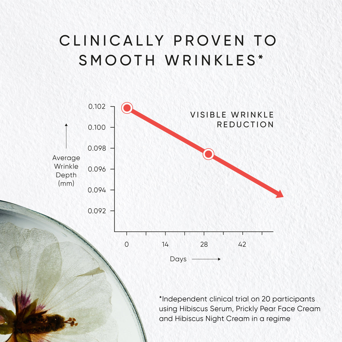 Graph showing visible wrinkle reduction over time with a clinical trial on 20 participants.