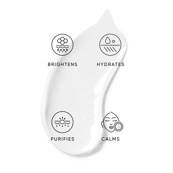 White skincare product with icons and text indicating its benefits on a white background