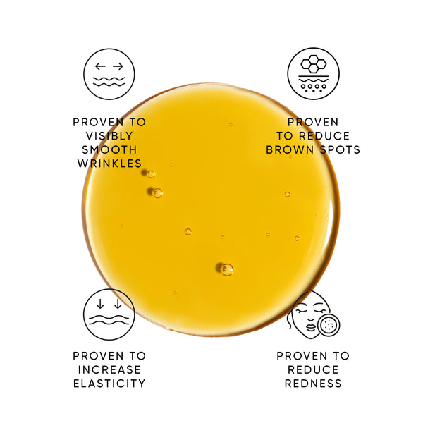 Close-up of a yellow liquid with icons and text indicating its benefits on a white background