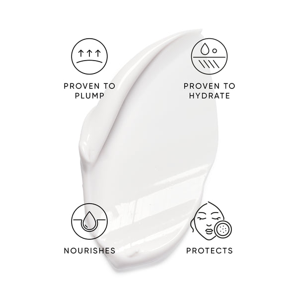 White cream with icons and text indicating its benefits on a white background