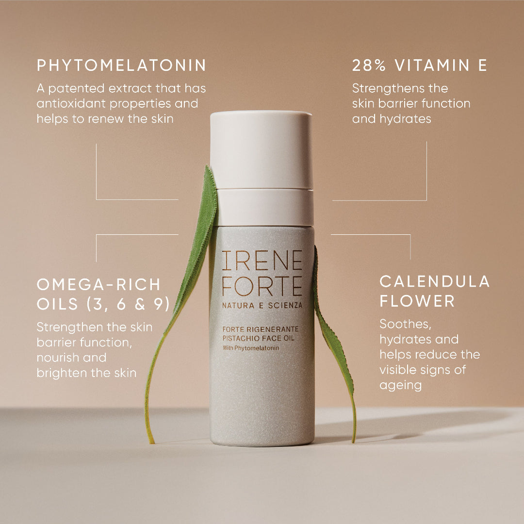 Irene Forte skincare product with ingredients listed on a beige background