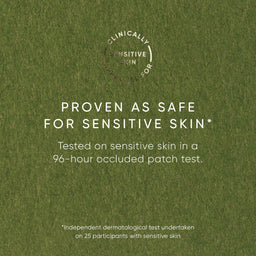 Text on a green background stating 'Proven as safe for sensitive skin' with a dermatological test reference.