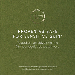 Green background with text about sensitive skin safety and clinical testing.