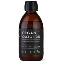 Bottle of KIKI Health Organic Castor Oil on a white background