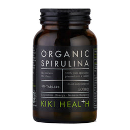 Brown bottle of Organic Spirulina tablets by KIKI Health on a white background